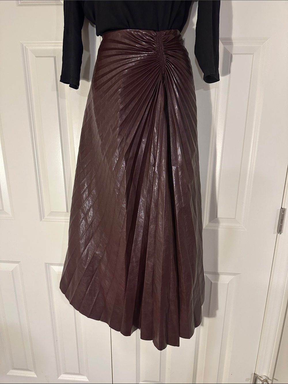A.L.C. Pleated Faux Leather A-Line Skirt in Brown